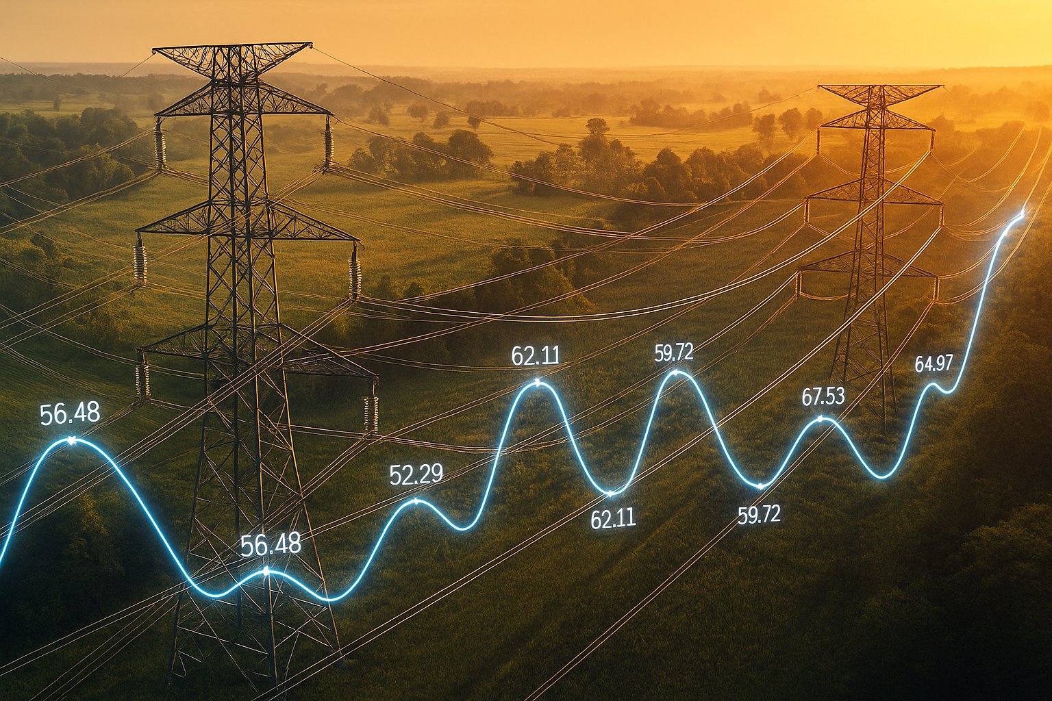 Représentation d'une courbe de prix de l'électricité au spot, derrière des pylônes éectriques