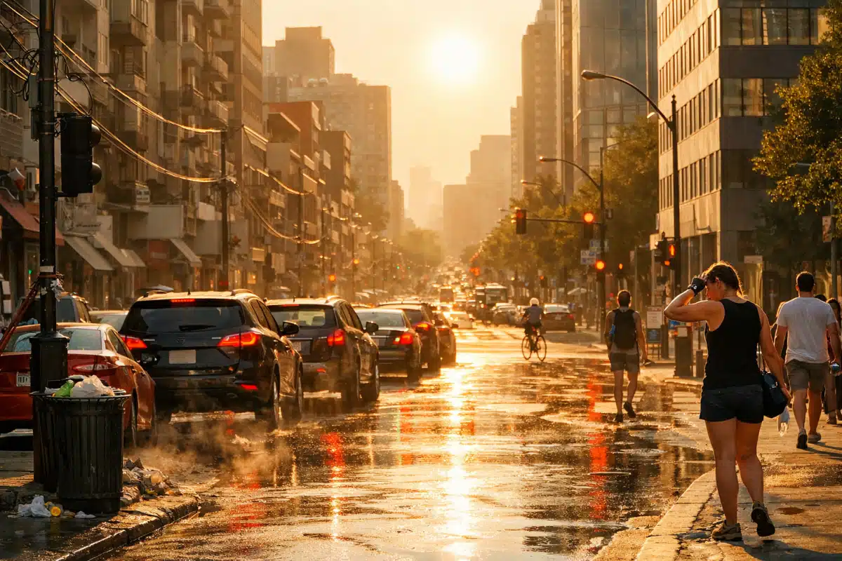 Carte thermique urbaine montrant les rues en surchauffe et îlots de chaleur pendant la canicule estivale
