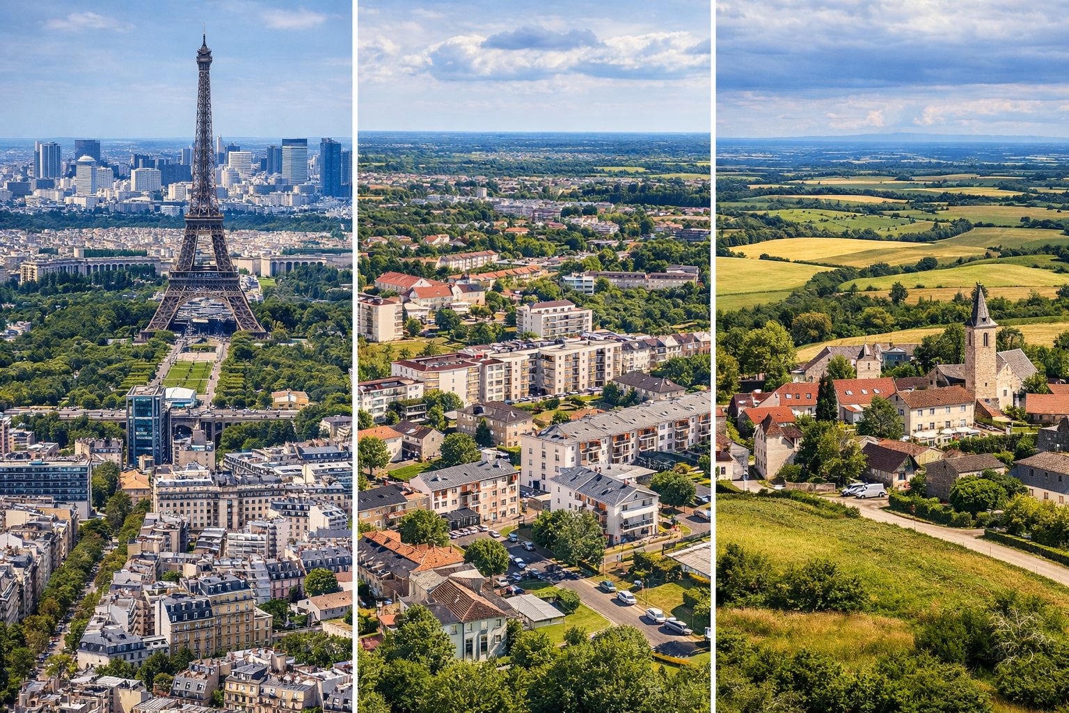 Illustration de trois tailles de ville différentes : à gauche la grande métropole (Paris), au milieu la ville à taille moyenne, et à droite le village rural