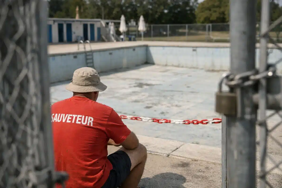 Piscine municipale publique en été pendant période de sécheresse et restrictions d'eau