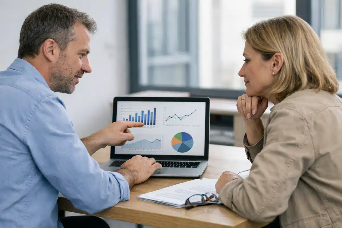 Deux collègues examinant graphiques financiers sur ordinateur portable