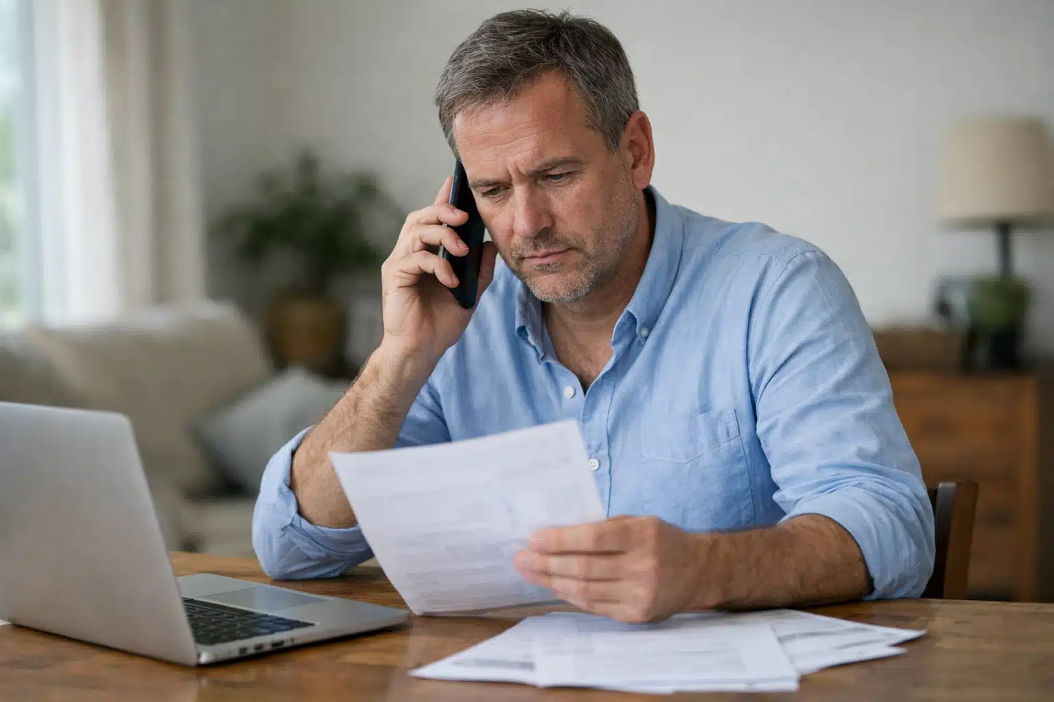 Homme d'âge mûr au téléphone lisant des documents