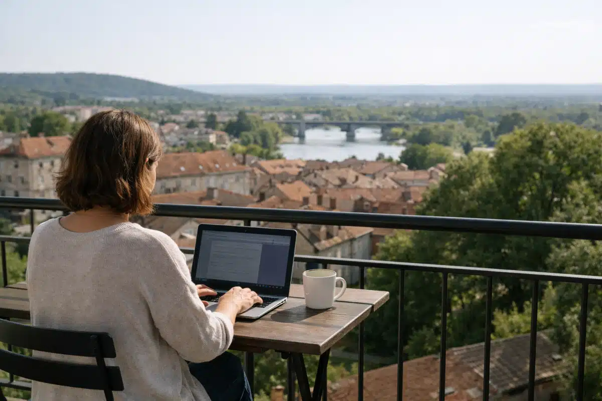 Personne travaillant sur ordinateur portable sur balcon, vue sur ville