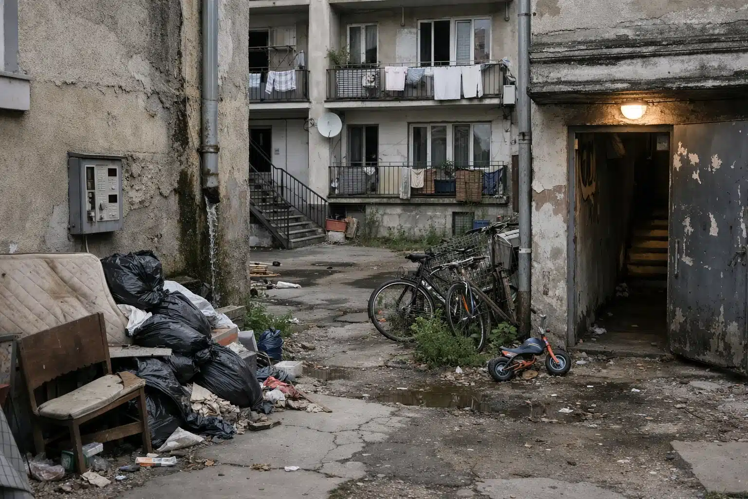 Cour d'immeuble délabrée avec poubelles et vélos