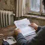 Mains lisant une facture près d'un radiateur