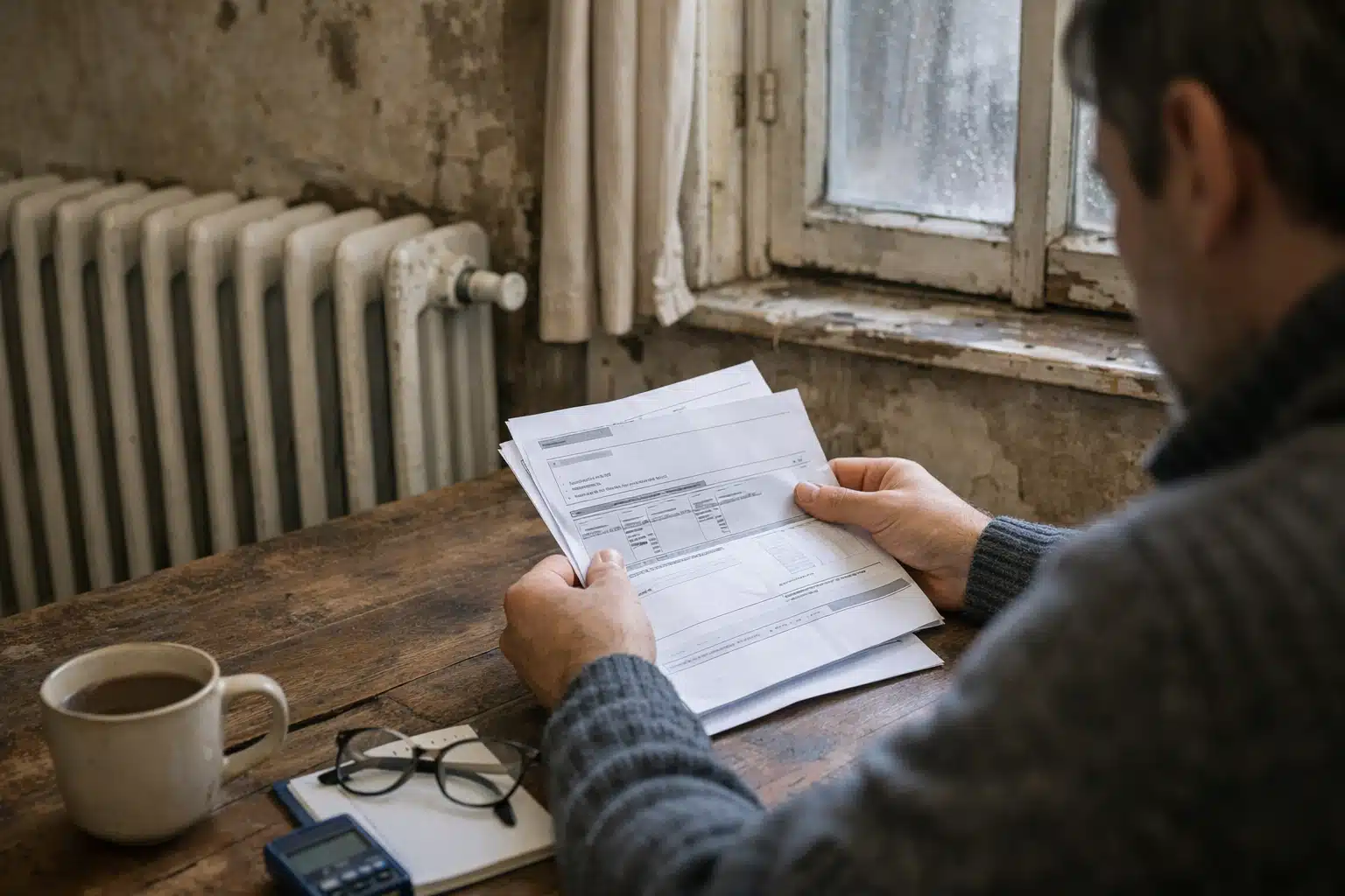 Mains lisant une facture près d'un radiateur