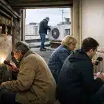 Trois personnes assises regardant leurs téléphones, technicien dehors