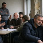 Hommes et femmes rassemblés autour d'une table