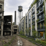 Allée boueuse entre usine abandonnée et immeuble végétalisé