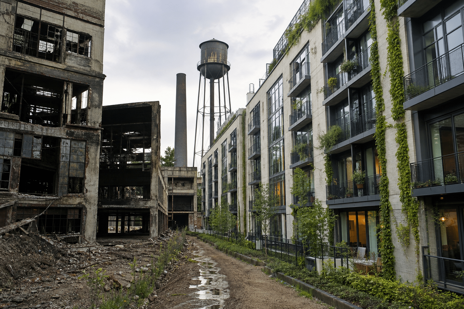 Allée boueuse entre usine abandonnée et immeuble végétalisé