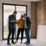 Trois personnes examinant des plans dans pièce en rénovation