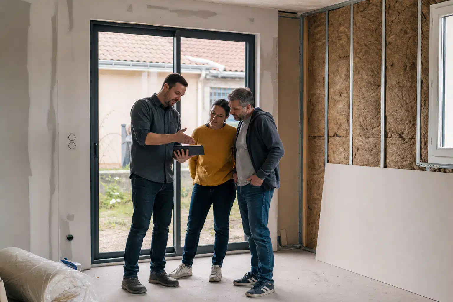 Trois personnes examinant des plans dans pièce en rénovation