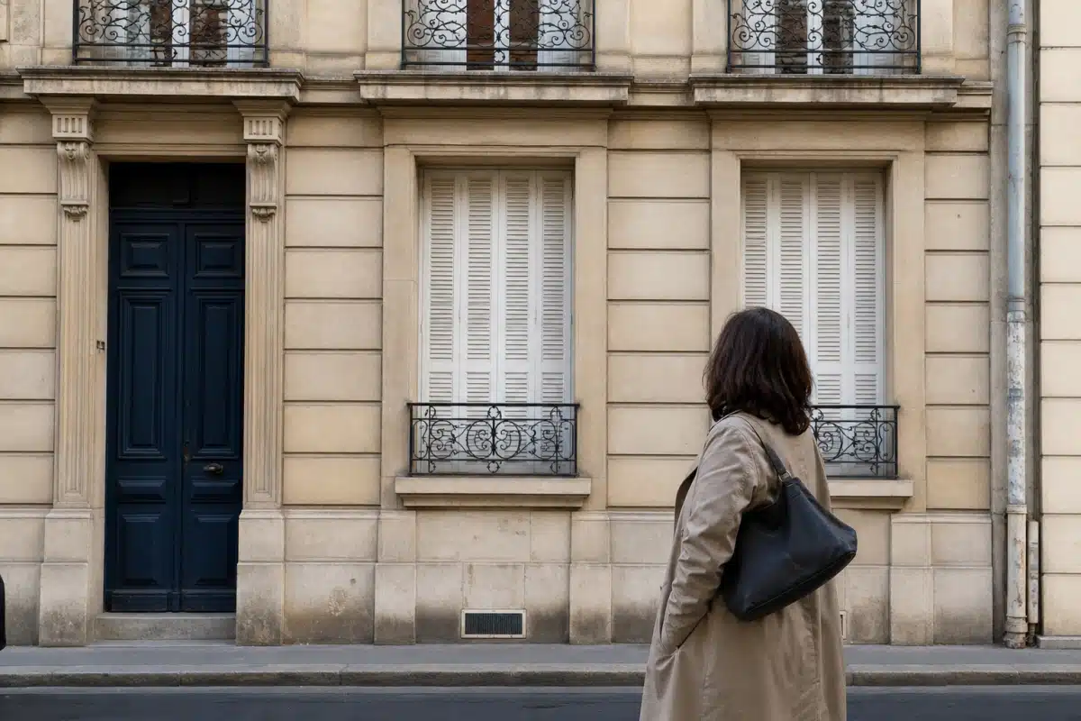 Personne vue de dos devant façade beige aux volets fermés