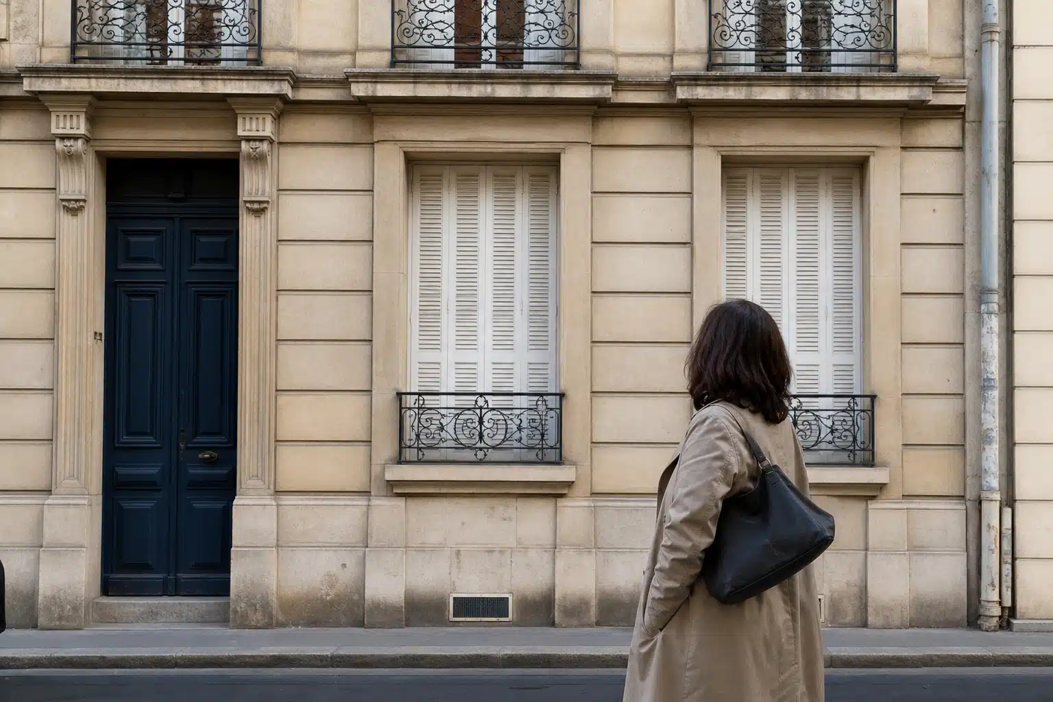 Personne vue de dos devant façade beige aux volets fermés